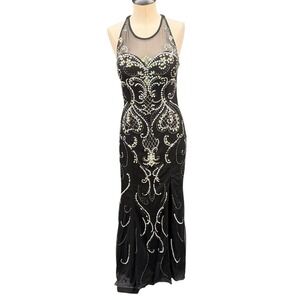 SEAN COLLECTION Black Rhinestone Halter Evening Gown with Open Back – Size 10